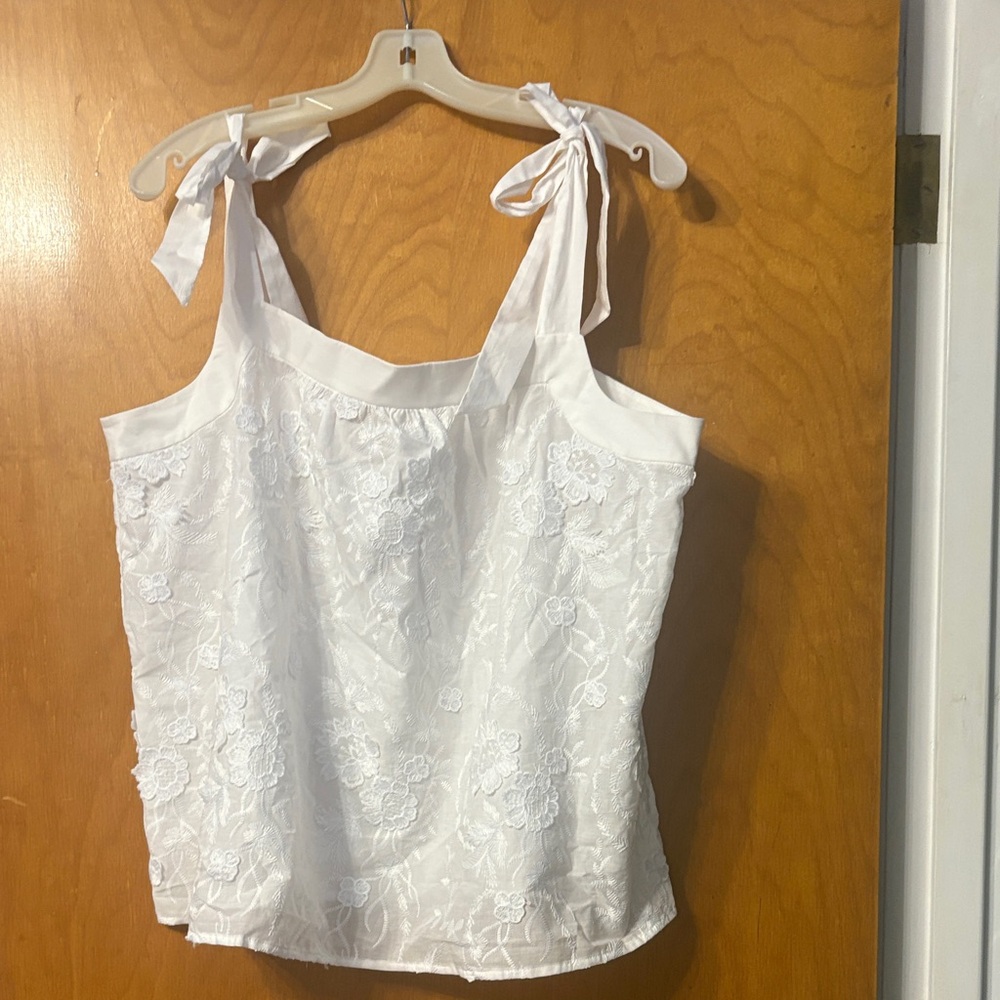 LOFT White Floral Embroidered Tank Top with Tie Straps